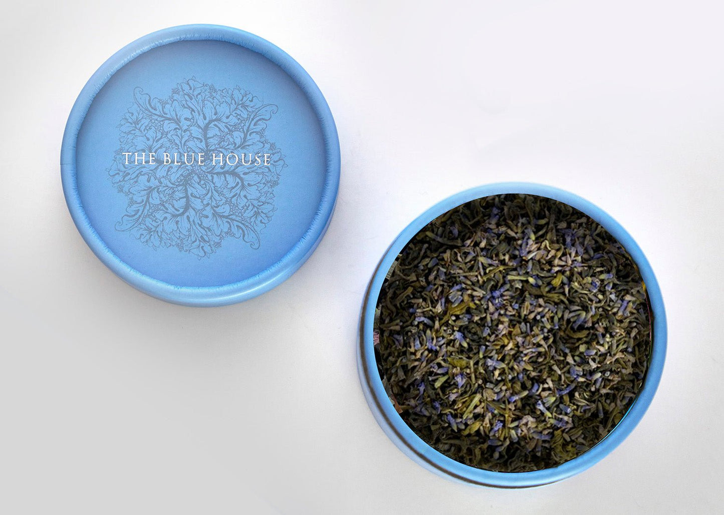 Tin of Blue House Tea lavender green tea, a calming floral blend