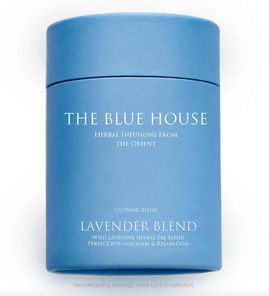 Tin of Blue House Tea lavender green tea, a calming floral blend
