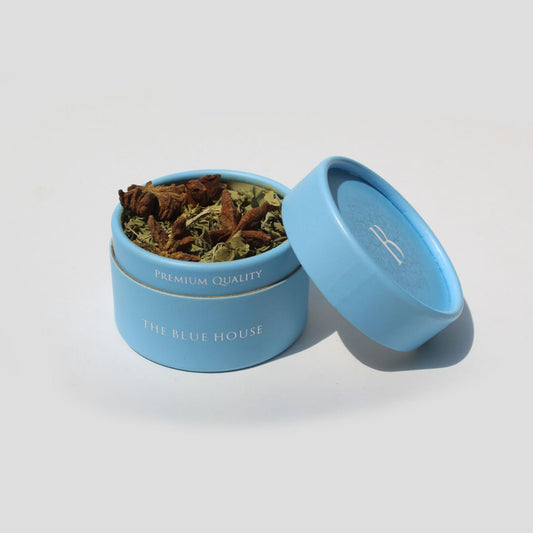 Tin of Blue House Tea turmeric ginger and star anise loose leaf herbal tea