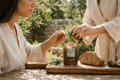 Glass jar of L'Atelier Du Miel fig and orange blossom honey jam