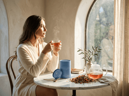Tin of Blue House Tea Fairytale Blend herbal tea with Lebanese botanicals