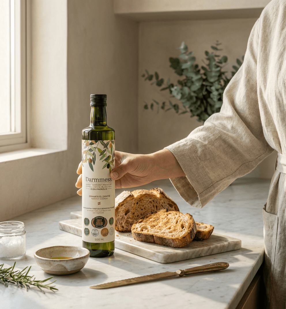 Bottle of Darmmess high phenolic extra virgin olive oil from Souri trees in Zgharta