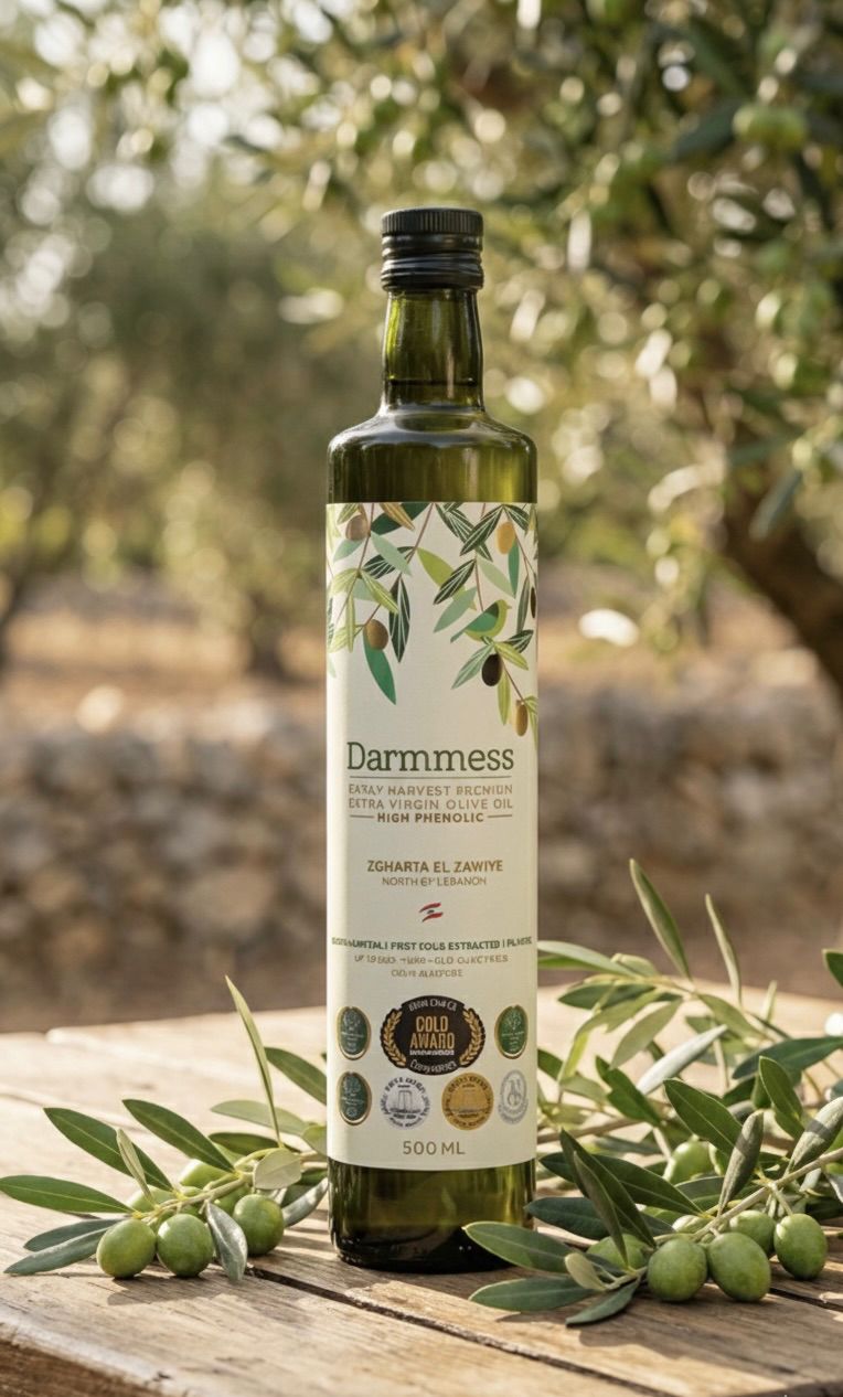 Bottle of Darmmess high phenolic extra virgin olive oil from Souri trees in Zgharta