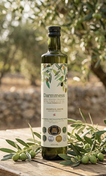 Bottle of Darmmess high phenolic extra virgin olive oil from Souri trees in Zgharta