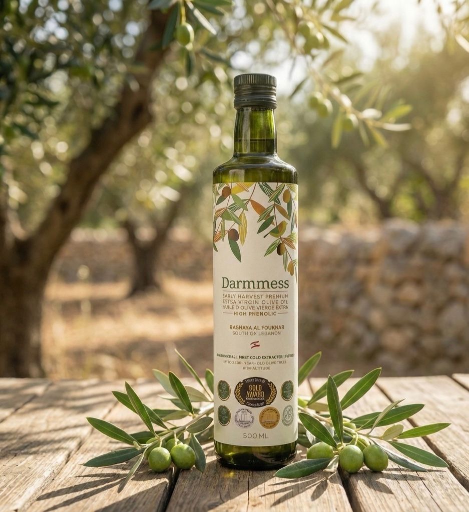 Bottle of Darmmess high phenolic extra virgin olive oil from Souri trees in Zgharta
