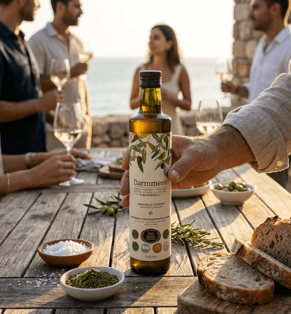 Bottle of Darmmess high phenolic extra virgin olive oil from Souri trees in Zgharta