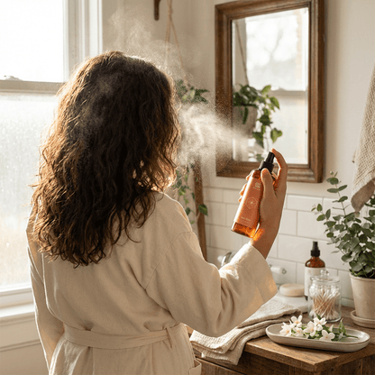 Bottle of Salma Loves Beauty jasmine hair mist with real jasmine flower extract