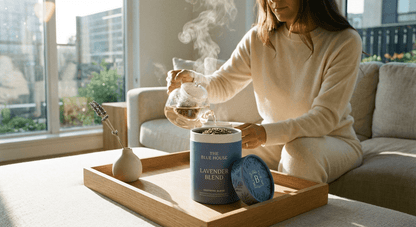 Tin of Blue House Tea lavender green tea, a calming floral blend
