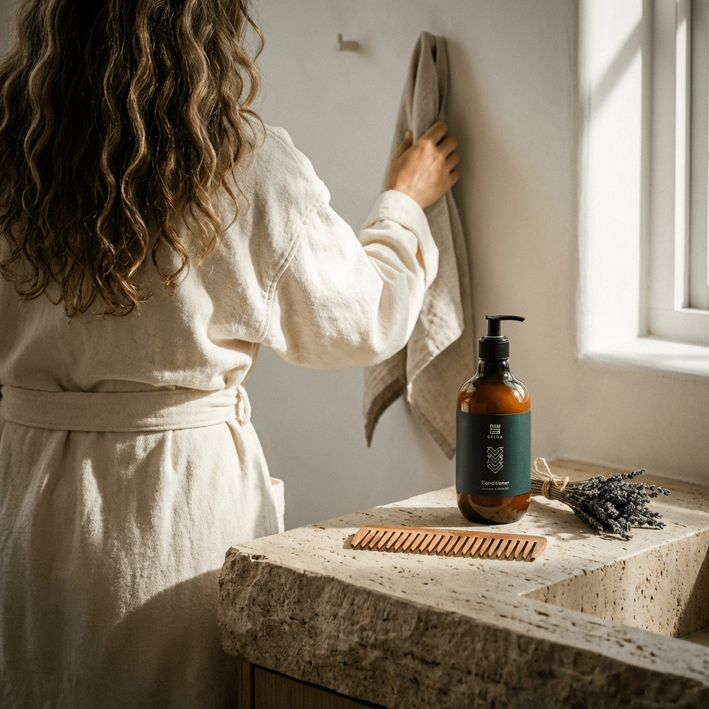 Bottle of Salma Loves Beauty lavender and olive oil hair conditioner