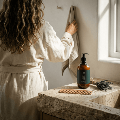 Bottle of Salma Loves Beauty lavender and olive oil hair conditioner
