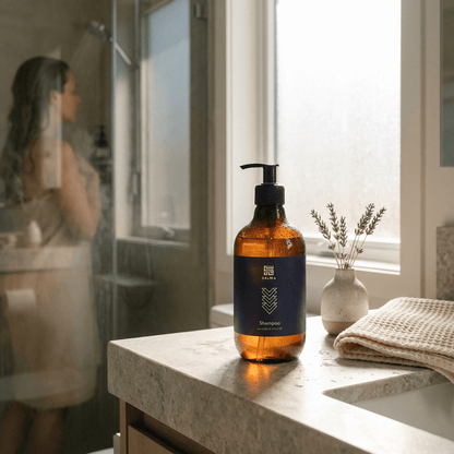 Bottle of Salma Loves Beauty lavender and olive oil shampoo for daily use