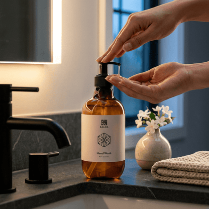 Bottle of Salma Loves Beauty moisturizing jasmine hand wash with aloe