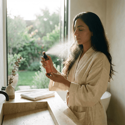Bottle of Salma Loves Beauty rose and oud nourishing hair mist