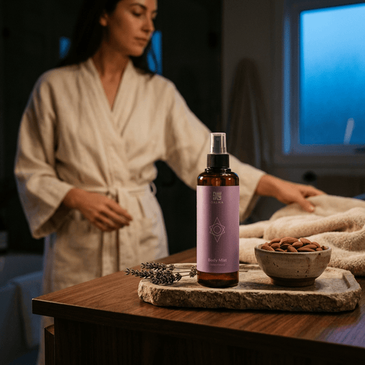 Bottle of Salma Loves Beauty sweet almond body mist