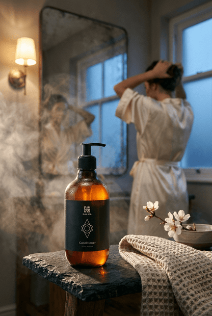 Bottle of Salma Loves Beauty sweet almond hair conditioner