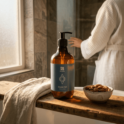 Bottle of Salma Loves Beauty sweet almond moisturizing body wash