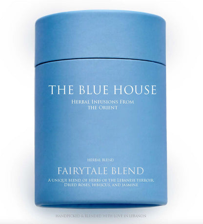 Tin of Blue House Tea Fairytale Blend herbal tea with Lebanese botanicals