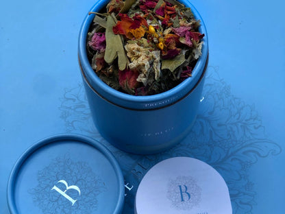 Tin of Blue House Tea Fairytale Blend herbal tea with Lebanese botanicals