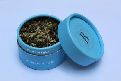 Tin of Blue House Tea lavender green tea, a calming floral blend
