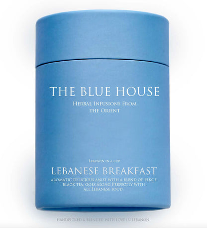Tin of Blue House Tea Lebanese breakfast tea with anise and wild oregano