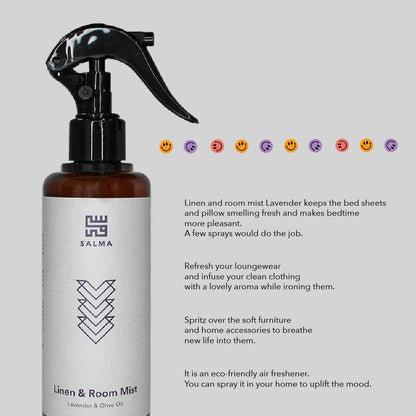 Bottle of Salma Loves Beauty lavender linen and room mist