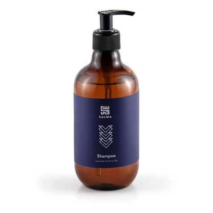 Bottle of Salma Loves Beauty lavender and olive oil shampoo for daily use
