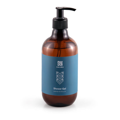 Bottle of Salma Loves Beauty lavender and olive oil shower gel