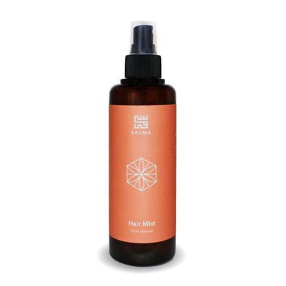 Bottle of Salma Loves Beauty jasmine hair mist with real jasmine flower extract