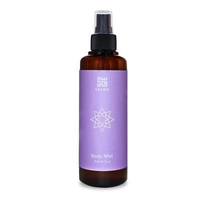 Bottle of Salma Loves Beauty rose and oud body mist